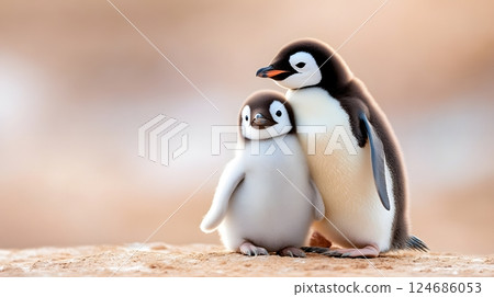 Adorable penguin chick sheltered by an adult, National Penguin Day celebration of care 124686053