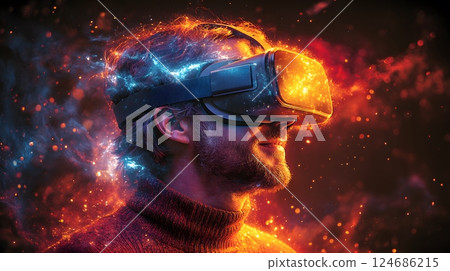 Happy professional interacting with virtual reality, energetic gestures, VR goggles enhancing the experience 124686215