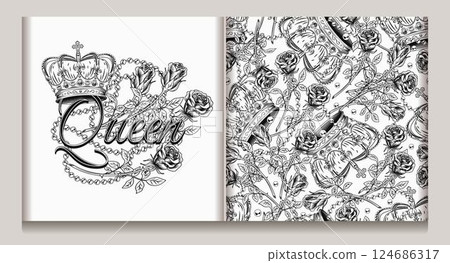 Label, seamless pattern with golden imperial crown, scattered jewelry, pearl necklaces, red roses with stem. Detailed illustrations on beige background. Luxury kitsch vintage style. Label, seamless pattern with golden imperial crown, scattered jewelry, pearl necklaces, red roses with stem. Detailed illustrations on beige background. Luxury kitsch vintage style. 124686317