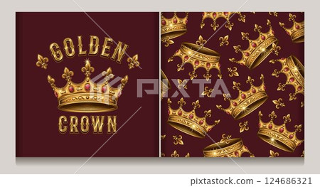 Vintage luxury label, seamless pattern with medieval golden crown, fleur de lis sign. Detailed illustrations on dark red background. Kitsch style. 124686321