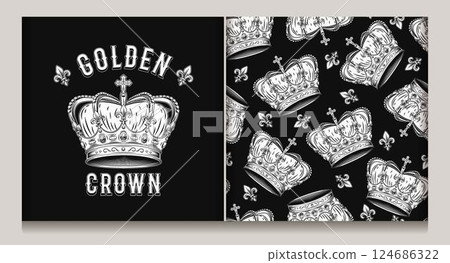 Vintage deluxe label, seamless pattern with imperial crown, fleur de lis sign. Detailed monochrome illustrations on black background. Kitsch style. Vintage deluxe label, seamless pattern with imperial crown, fleur de lis sign. Detailed monochrome illustrations on black background. Kitsch style. 124686322