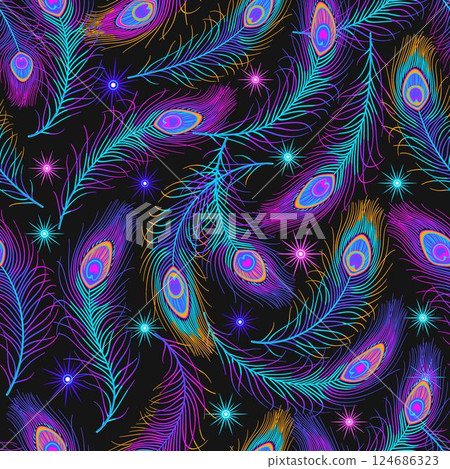 Seamless fluorescent pattern with peacock feathers, stars. Bright glowing neon colors. Fantasy dreamy concept. Virtual surreal illustrations. Seamless fluorescent pattern with peacock feathers, stars. Bright glowing neon colors. Fantasy dreamy concept. Virtual surreal illustrations. 124686323