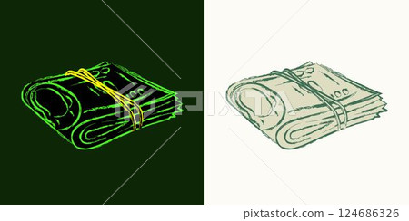 Wad of 100 dollar bills folded in half. Cash money. Outline contour icon. Single isolated object. Grunge style. Neon fluorescent green color. Perspective side view 124686326