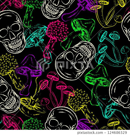 Pattern with human skull, mushrooms. Bright glowing neon colors. Outline contour illustrations. Virtual surreal grunge style. For groovy, hippie, mystical, psychedelic design Pattern with human skull, mushrooms. Bright glowing neon colors. Outline contour illustrations. Virtual surreal grunge style. For groovy, hippie, mystical, psychedelic design 124686329