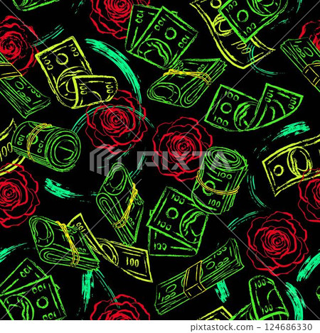 Money seamless pattern with 100 US dollar bills, red roses on black background. Falling, flying, randomly scattered objects.. Grunge style. Neon fluorescent colors Money seamless pattern with 100 US dollar bills, red roses on black background. Falling, flying, randomly scattered objects.. Grunge style. Neon fluorescent colors 124686330