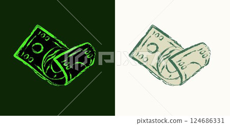 Folded bent american 100 dollar bill with front side. Falling, flying banknote. Cash money. Outline contour illustration. Single isolated object. Grunge style. Neon fluorescent green color Folded bent american 100 dollar bill with front side. Falling, flying banknote. Cash money. Outline contour illustration. Single isolated object. Grunge style. Neon fluorescent green color 124686331