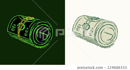 Rolled up 100 dollar bills. Cash money. Outline contour icon. Single isolated object. Grunge style. Neon fluorescent green color. Perspective side view 124686333