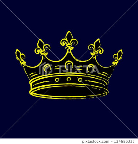Crown with fleur de lis sign on points. Outline contour illustration. Single isolated object. Grunge style. Neon fluorescent yellow color Crown with fleur de lis sign on points. Outline contour illustration. Single isolated object. Grunge style. Neon fluorescent yellow color 124686335