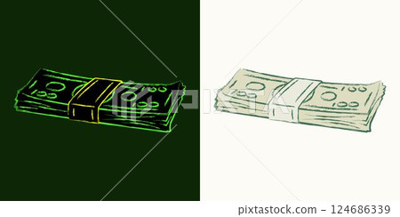 Lying stack of 100 dollar bills. Cash money. Outline contour icon. Single isolated object. Grunge style. Neon fluorescent green color. Perspective side view 124686339