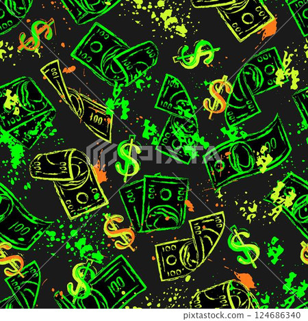 Money neon seamless pattern with 100 US dollar bills, dollar sign, splattered paint on dark background. Falling, folded, twisted, flying dollar banknotes. Randomly scattered objects 124686340