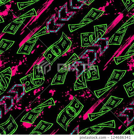 Diagonal pattern with flying 100 US dollar notes, paint brush strokes. Splatter neon paint. Dynamic energetic style for sports goods, prints, clothing, vinyl wrap 124686341