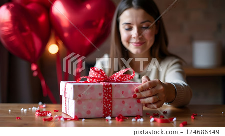 Romantic vibes fill the air as a woman opens a gift box with jewelry in a room adorned with red and white accents 124686349