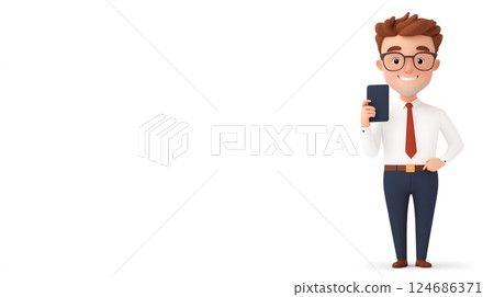 Animated office worker on a phone call, wearing a professional outfit, confident posture, isolated on white Animated office worker on a phone call, wearing a professional outfit, confident posture, isolated on white 124686371