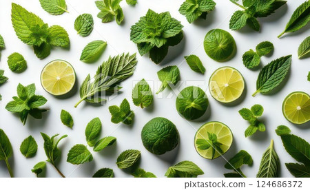 AI image: Mint leaves lined up on a white background 124686372