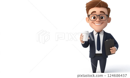 Animated office manager holding a coffee cup and planner, 3D cartoon style, wearing business attire, isolated on white 124686437