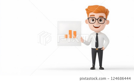 Animated business worker presenting a financial report, rendered in 3D cartoon style, dressed formally, isolated on white 124686444