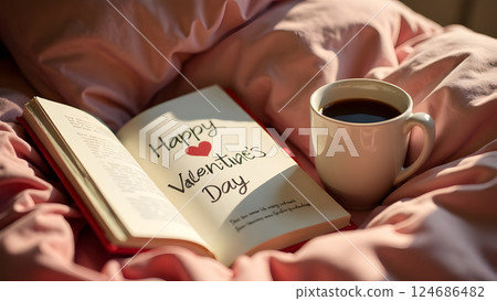 A warm bed with a book, a cup of coffee, and a Happy Valentines Day card, bathed in soft sunlight 124686482