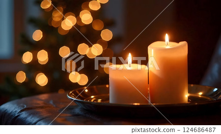 Flickering candles and softly glowing fairy lights create a warm, inviting atmosphere in this seamless image 124686487