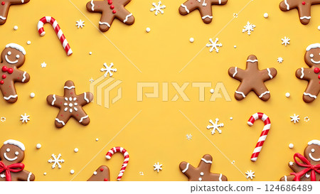 A whimsical seamless pattern featuring gingerbread cookies, striped candy canes, and intricate snowflakes, symmetrically arranged on a shimmering gold background 124686489