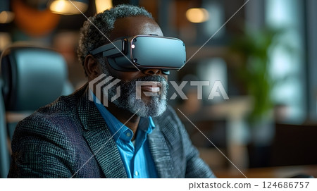 Businessman seated at a desk wearing VR goggles, immersed in a virtual workspace, dynamic movements 124686757