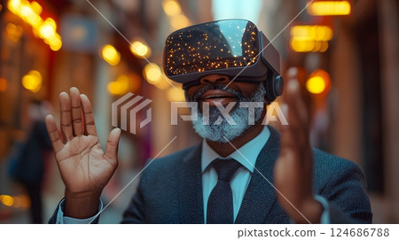 Excited businessman wearing VR goggles, using hand gestures to interact with a virtual workspace, bright setting 124686788