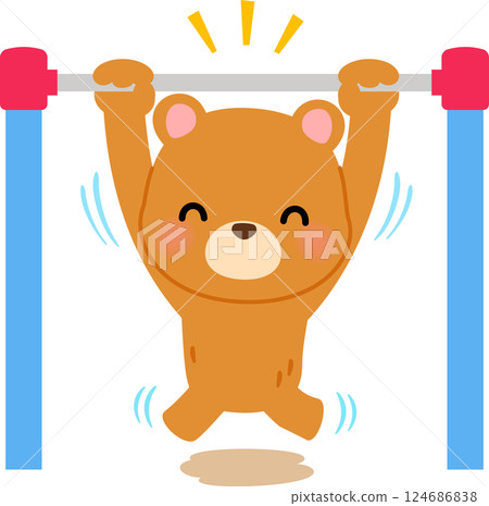 一隻熊角色懸掛在鐵棍上 124686838