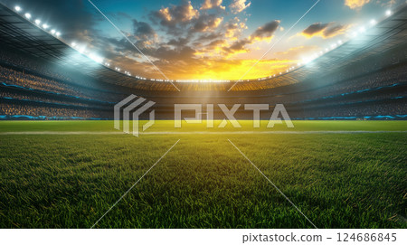 Empty stadium with lush green field, empty stands, and bright lights under sunset sky, bathed in golden light. Concept of tournament Empty stadium with lush green field, empty stands, and bright lights under sunset sky, bathed in golden light. Concept of tournament 124686845