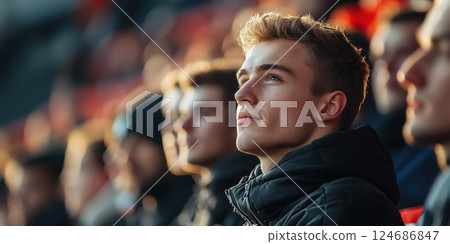 Group of spectators in stadium, focused on game. Person in foreground has light brown hair and wears black jacket, crowd in background blurred. 124686847