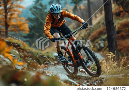 Lone cycling tour through the autumn park. Lone cycling tour through the autumn park. 124686872