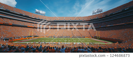 Panoramic view. Sunlit football stadium packed with fans in orange, surrounding field with players and staff. Turf with lines and large scoreboard above under cloudy sky 124686873