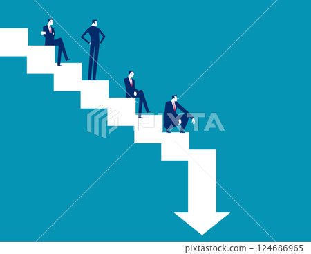 Business team sitting in agony on the descending arrowhead steps 124686965