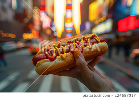 Female hand holding hot dog with ketchup and mustard 124687017