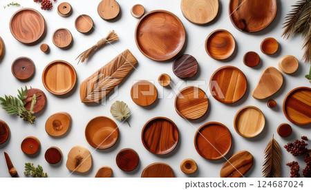 AI 圖片：白色背景上排列的木盤 124687024