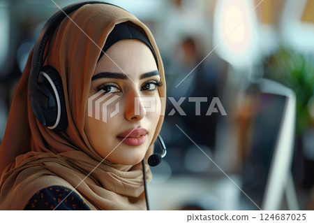 Portrait of young arabian girl receptionist in hijab and headset working in a call centre 124687025