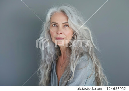 Portrait of attractive mature woman with long gray hair on grey background 124687032