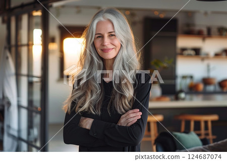 Portrait of attractive mature woman with long gray hair standing at home 124687074