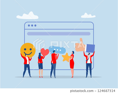 Customer feedback concept,woman use smart phone for Credit score or satisfaction measurement, customer satisfaction level emoji level. feedback star rating with good and bad emotions 124687314