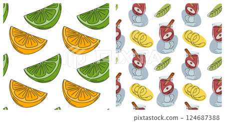 Orange Lime slices Pop Art Mulled wine Glass Cinnamon stick leaves fruit zest Seamless Pattern Set 2 Orange Lime slices Pop Art Mulled wine Glass Cinnamon stick leaves fruit zest Seamless Pattern Set 2 124687388
