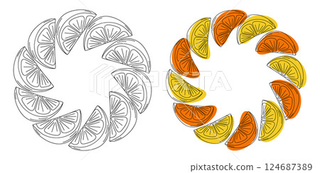 Outline Freehand Lemon Orange slices Yellow Orange Abstract Spots Circular Frames Copy space Set 2 124687389