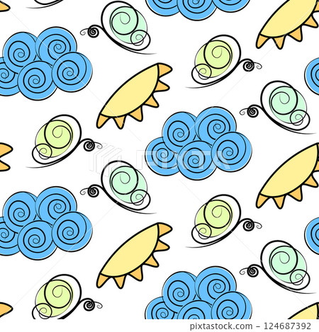 Stylized Butterflies Sun Clouds Seamless Pattern Freehand Summer Abstract Background Texture concept Stylized Butterflies Sun Clouds Seamless Pattern Freehand Summer Abstract Background Texture concept 124687392