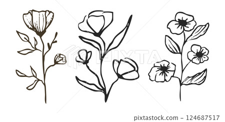 Floral botanical feminine wild flower summer line sketch drawing. Trendy minimal elements wedding herbs, minimalistic flowers with elegant leaves. Tiny tattoo, elegant rustic Floral botanical feminine wild flower summer line sketch drawing. Trendy minimal elements wedding herbs, minimalistic flowers with elegant leaves. Tiny tattoo, elegant rustic 124687517