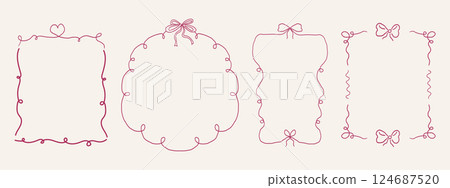 Whimsical coquette ribbon frame, hand drawn line ornament, border y2k romantic retro design element. Wavy curved vintage decor. Whimsical coquette ribbon frame, hand drawn line ornament, border y2k romantic retro design element. Wavy curved vintage decor. 124687520