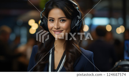 Beautiful woman in headphones with microphone in call center in office 124687574