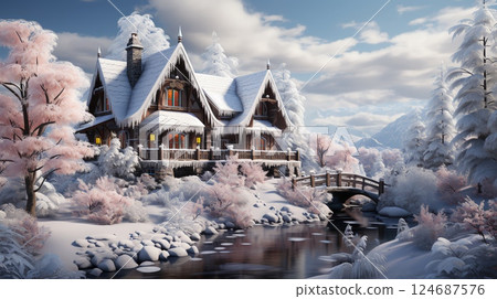 Snowy winter cozy houses for New Year and Christmas nature 124687576