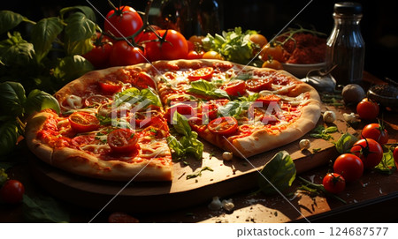 Delicious Italian pizza with pepperoni and tomatoes 124687577
