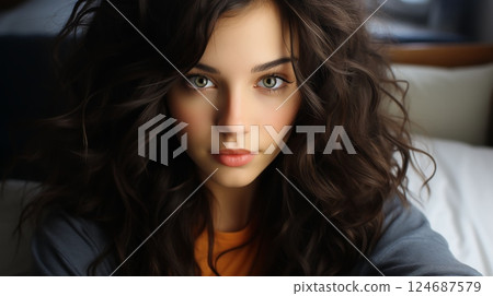 Beautiful woman looking at the camera, blurred background, close-up face 124687579
