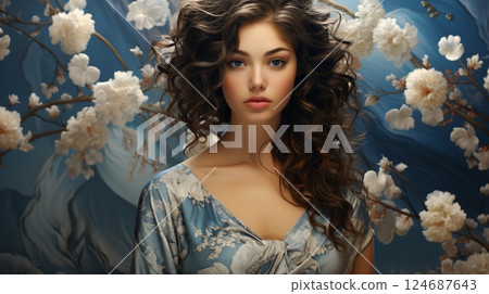 Beautiful woman on a background of flowers, face close-up 124687643