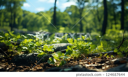 Green natural grass and trees in the forest. Concept green energy ecology and environmental care 124687644