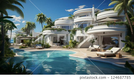 Large white holiday villa, relaxing holiday home surrounded by palm trees in a tropical warm country resort 124687785