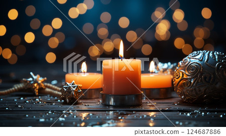Beautiful candles and Christmas tree toys and decorations for New Year and Christmas 124687886